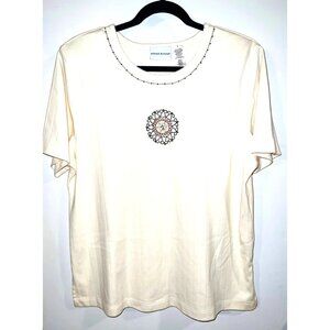 Alfred Dunner Womens Blouse Short Sleeve LARGE Light Yellow Shirt SOFT